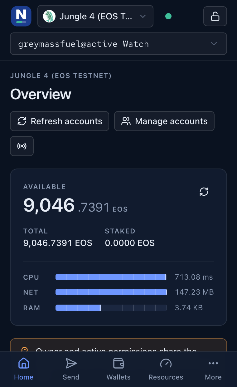 The same overview at 380 pixels wide, with the chain and account switchers stacked and a bottom tab bar.