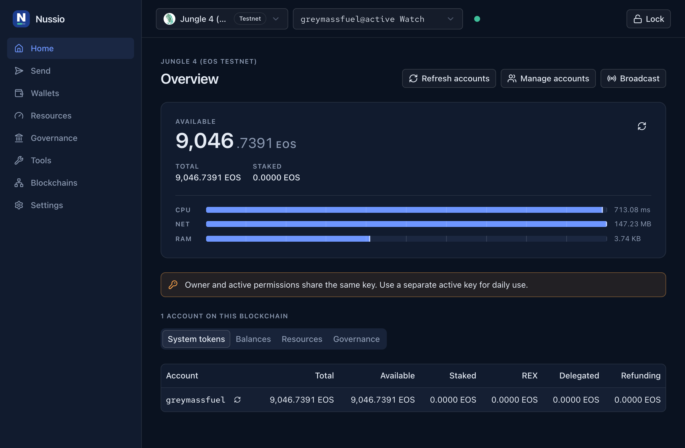 Overview screen: available balance of 9,046.7391 EOS, total and staked, CPU, NET and RAM meters, a warning that owner and active share a key, and the account table.