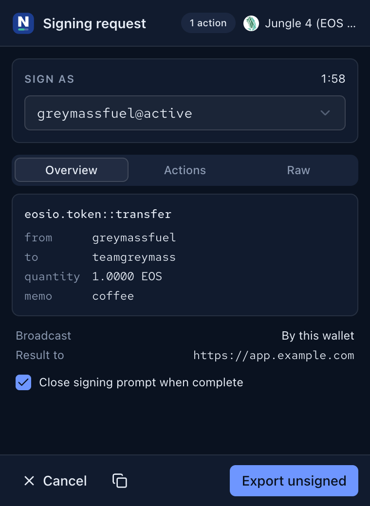 A signing prompt: sign as greymassfuel@active, an eosio.token transfer of 1.0000 EOS to teamgreymass with the memo coffee, and a two-minute countdown.