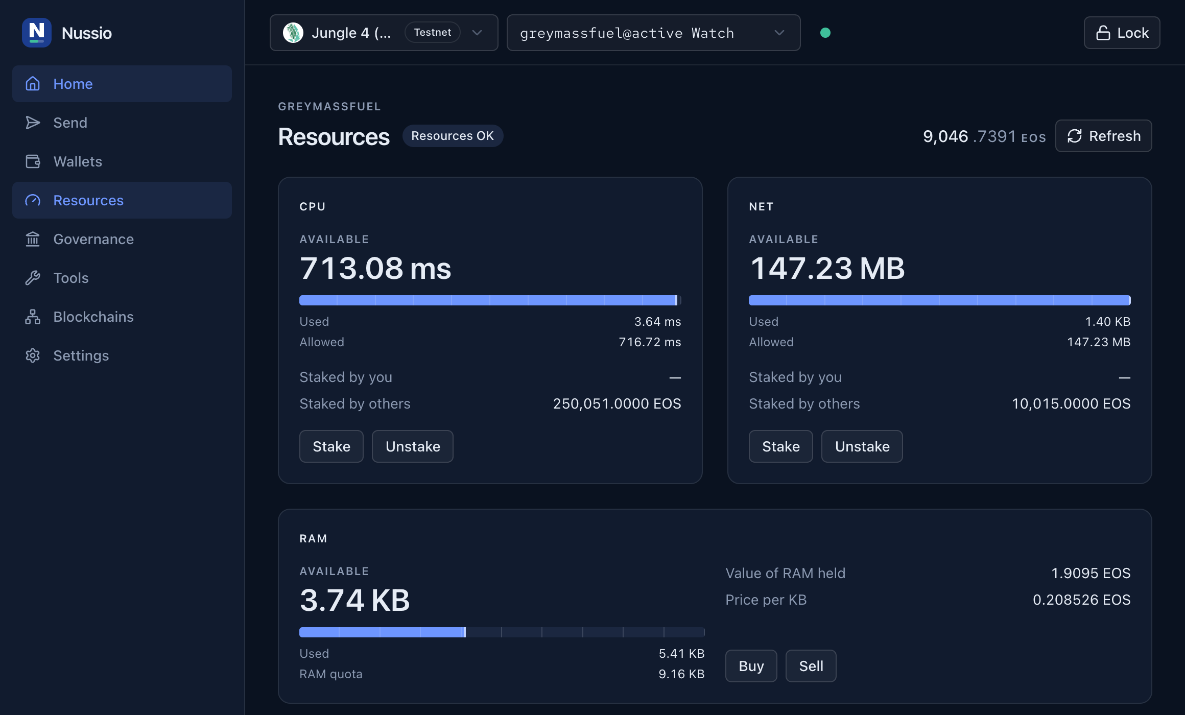 Resources screen with CPU, NET and RAM cards showing available, used and allowed amounts, stake split between you and others, and stake, unstake, buy and sell actions.