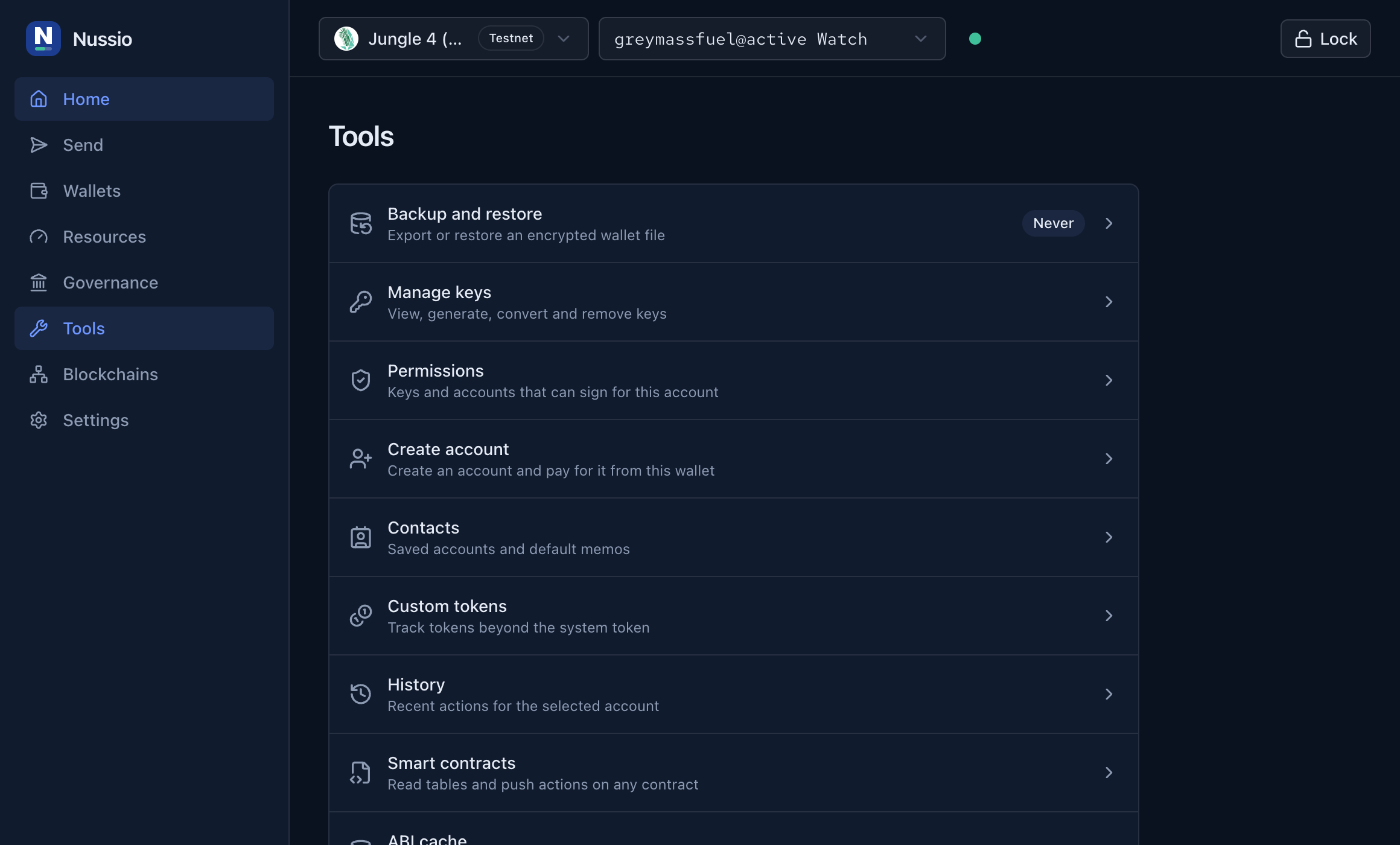 Tools screen listing backup and restore, manage keys, permissions, create account, contacts, custom tokens, history, smart contracts and the ABI cache.